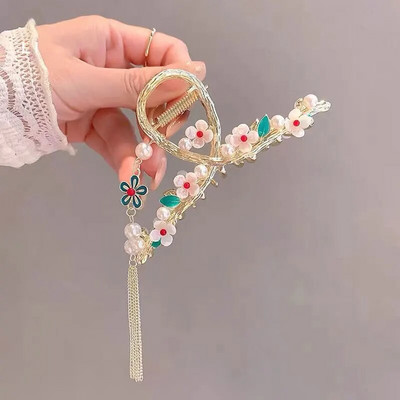Retro cvijet leptir resa rak kopča za kosu hanfu stil dodaci za kosu metalna kandža za kosu biser morski pas kopča za žene djevojke