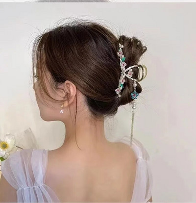 Retro cvijet leptir resa rak kopča za kosu hanfu stil dodaci za kosu metalna kandža za kosu biser morski pas kopča za žene djevojke