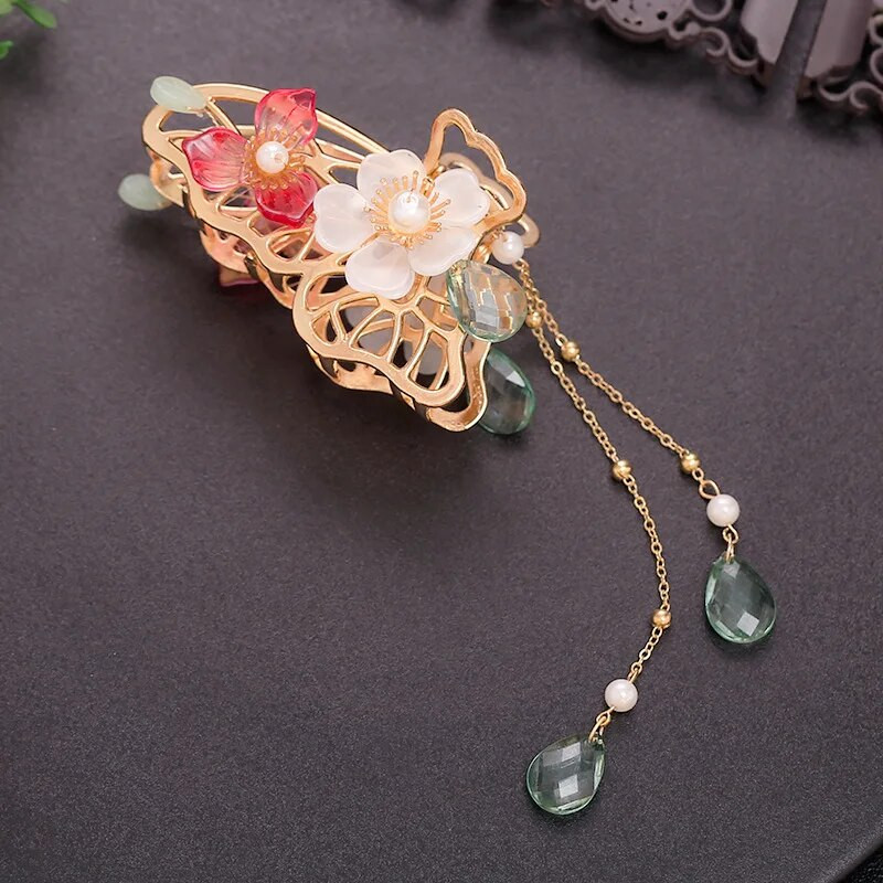 Retro cvijet leptir resa rak kopča za kosu hanfu stil dodaci za kosu metalna kandža za kosu biser morski pas kopča za žene djevojke