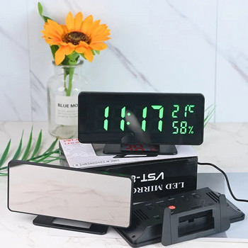 Огледален цифров будилник с температура и влажност 3 аларми Snooze Настолен настолен часовник Нощен режим 12/24H USB електронен LED часовник