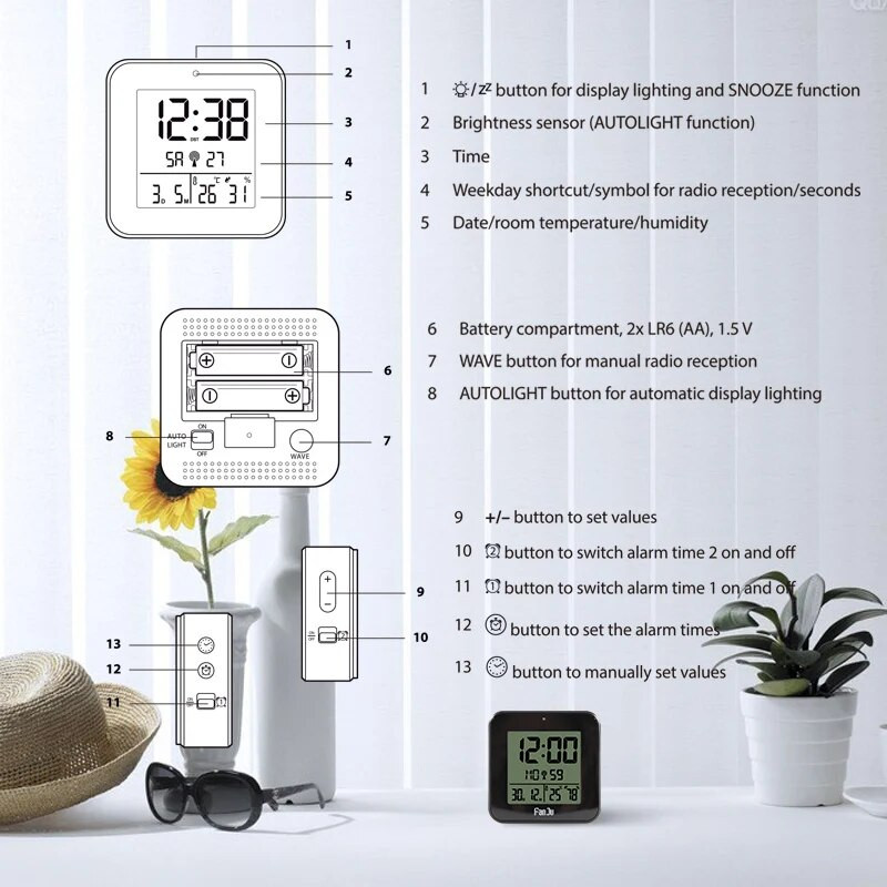 FanJu FJ3533 LED digitaalne äratuskell kahe häirega temperatuuri niiskusmõõturiga lauakellad taustvalgustuse DCF funktsiooniga