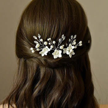 3 бр. Бяло цвете U-образна перлена фиба Елегантни щипки за коса Бижута за коса Аксесоари за жени Сватбени украшения за глава Фиби
