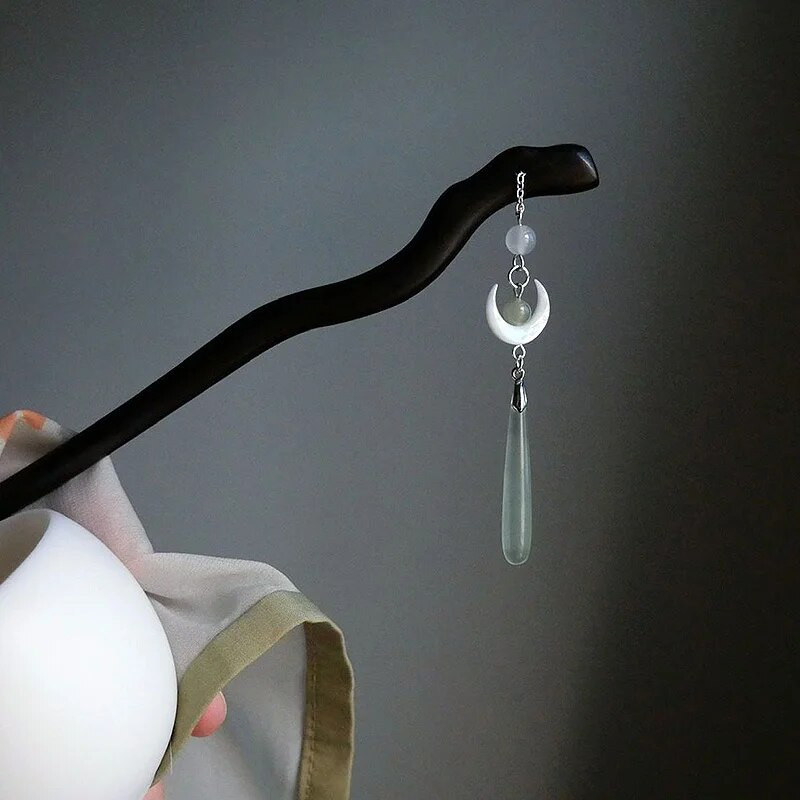 Κινεζικό στιλ Hanfu Moon Tassel Sticks Μαύρο σανταλόξυλο φουρκέτα αρχαίου στιλ Εξαιρετικό στυλ κεφαλής Γυναικεία αξεσουάρ μαλλιών