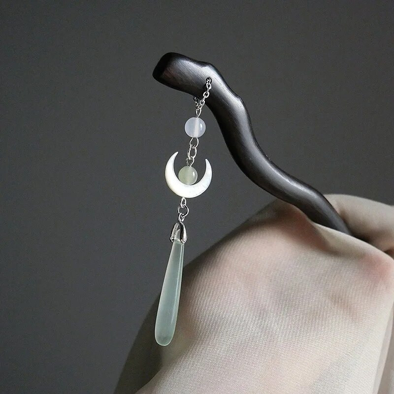 Κινεζικό στιλ Hanfu Moon Tassel Sticks Μαύρο σανταλόξυλο φουρκέτα αρχαίου στιλ Εξαιρετικό στυλ κεφαλής Γυναικεία αξεσουάρ μαλλιών