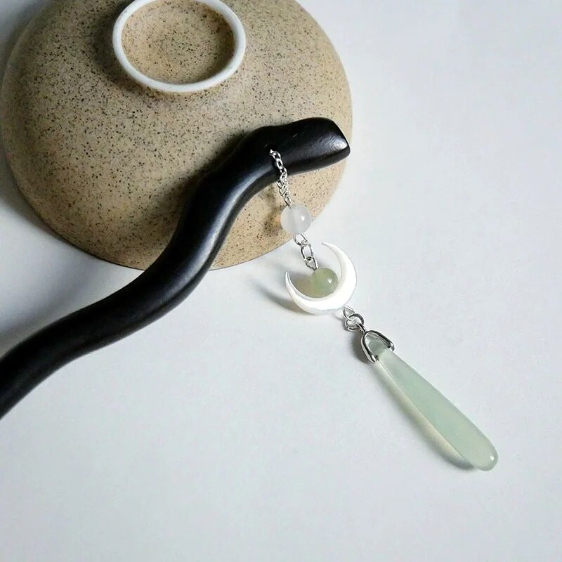 Κινεζικό στιλ Hanfu Moon Tassel Sticks Μαύρο σανταλόξυλο φουρκέτα αρχαίου στιλ Εξαιρετικό στυλ κεφαλής Γυναικεία αξεσουάρ μαλλιών