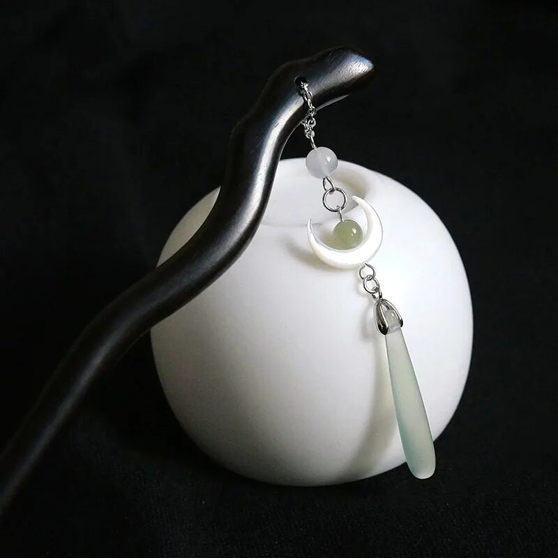 Κινεζικό στιλ Hanfu Moon Tassel Sticks Μαύρο σανταλόξυλο φουρκέτα αρχαίου στιλ Εξαιρετικό στυλ κεφαλής Γυναικεία αξεσουάρ μαλλιών