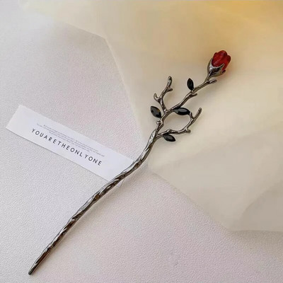 Vintage Rose Hair Sticks Plaukų drabužiai moterims Paprasta Gėlė Juoda Raudona Plaukų segtukai Plaukų lazdelės Diskinės plaukų lazdelės Galvos apdangalai Papuošalai