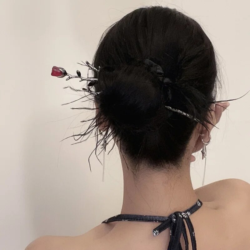Vintage Rose Hair Sticks Plaukų drabužiai moterims Paprasta Gėlė Juoda Raudona Plaukų segtukai Plaukų lazdelės Diskinės plaukų lazdelės Galvos apdangalai Papuošalai