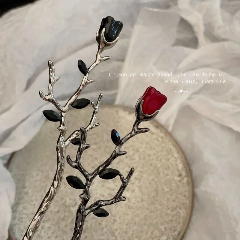 Vintage Rose Hair Sticks Plaukų drabužiai moterims Paprasta Gėlė Juoda Raudona Plaukų segtukai Plaukų lazdelės Diskinės plaukų lazdelės Galvos apdangalai Papuošalai
