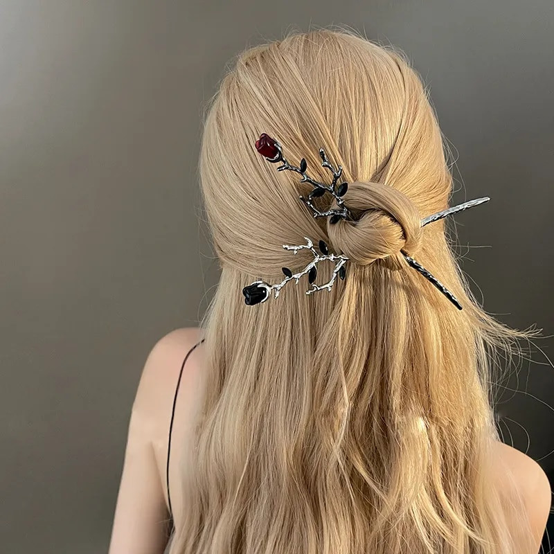 Vintage Rose Hair Sticks Plaukų drabužiai moterims Paprasta Gėlė Juoda Raudona Plaukų segtukai Plaukų lazdelės Diskinės plaukų lazdelės Galvos apdangalai Papuošalai