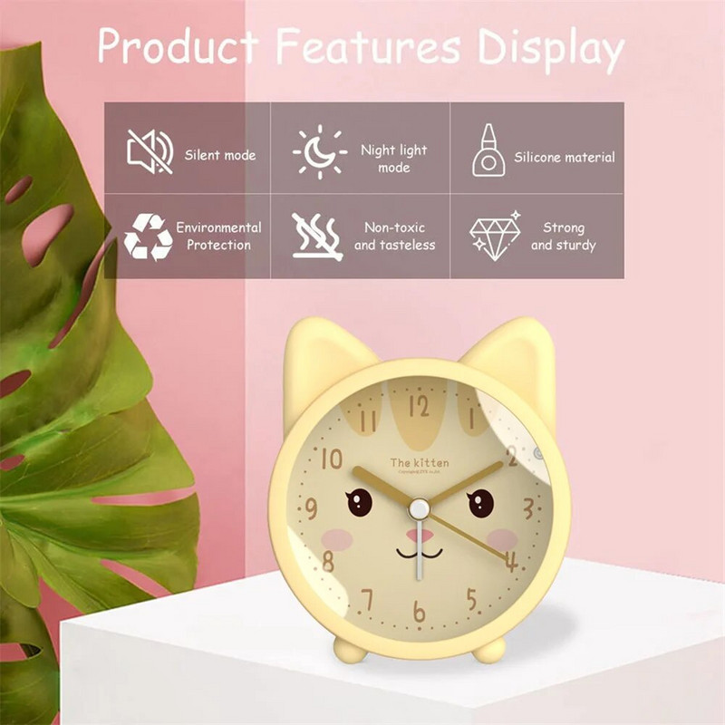 Djeca, slatka životinja, mačka, budilica, tiha kvarcna stolna noćna budilica, koja ne otkucava, za djecu, poklon, crtić, ukras za dom