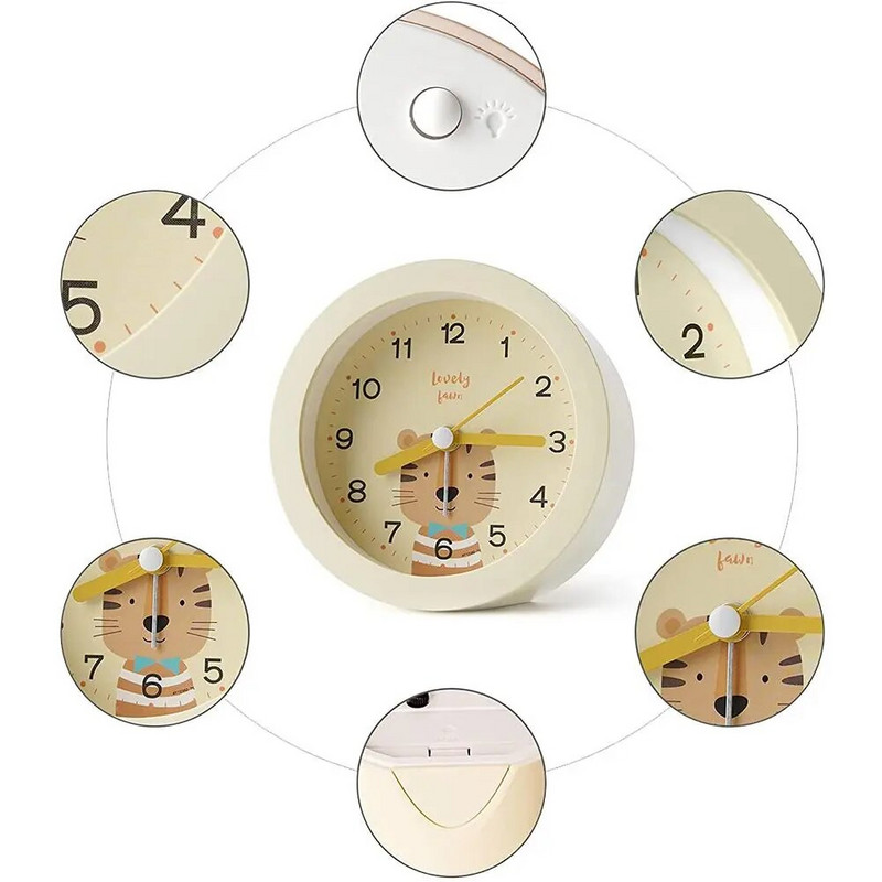 Vaikų animacinių filmų gyvūnai, apvalus žadintuvas, nešiojamas prie lovos Itin tylus šluojantis minkštas šiltas šviesos naktinis žibintas mažas stalo laikrodis