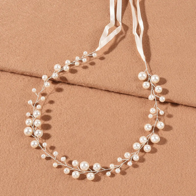 Accesorii pentru păr de mireasă Bentite cu perle albe Bentite de păr simple cu margele pentru femei, fete, panglică, accesorii pentru cap, bijuterii pentru păr de nuntă