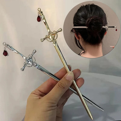 2023 Vintage Punk Chinese Sword Ruby Pendant Hairpin Hair Stick for Women Trendy Personality Metal Tassel Hair Clip Accessories