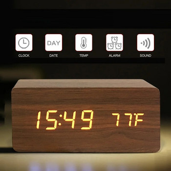 Дървен квадратен настолен часовник Аларма Настолен цифров LED USB/AAA Захранване Отлагане Електронен гласов контрол Настолен часовник Настолен часовник Нощно шкафче