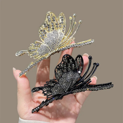 Novi metalni crni leptir ukosnica s vještačkim dijamantima Natrag Scoop Pan Hair Shark Clip Elegantna ženska pokrivala za glavu