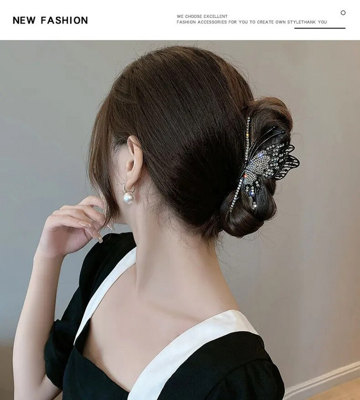 Νέα μεταλλική μαύρη πεταλούδα φουρκέτα στρας Πίσω σέσουλα Pan Hair Shark Clip Κομψά γυναικεία καλύμματα κεφαλής