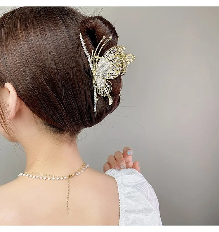 Νέα μεταλλική μαύρη πεταλούδα φουρκέτα στρας Πίσω σέσουλα Pan Hair Shark Clip Κομψά γυναικεία καλύμματα κεφαλής