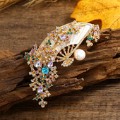 Dmari sievietēm piespraude Vintage ķīniešu atloka piespraudes Emalja salokāma ventilators Fhoneix nozīmīte pērļu gliemežvāka Rhinestone luksusa aksesuāri rotaslietas