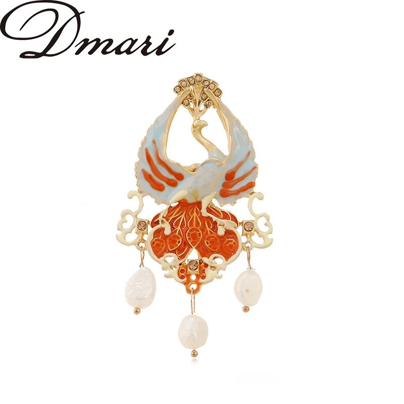 Dmari sievietēm piespraude Vintage ķīniešu atloka piespraudes Emalja salokāma ventilators Fhoneix nozīmīte pērļu gliemežvāka Rhinestone luksusa aksesuāri rotaslietas