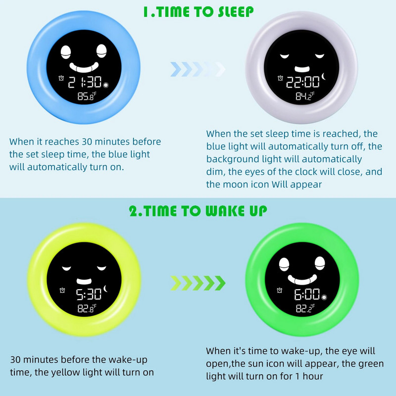 Armas loom, laps äratuskell unetreener digitaalne äratus Värvikas öövalgus edasilükkamise temperatuur NAP-taimer lapse äratuskell