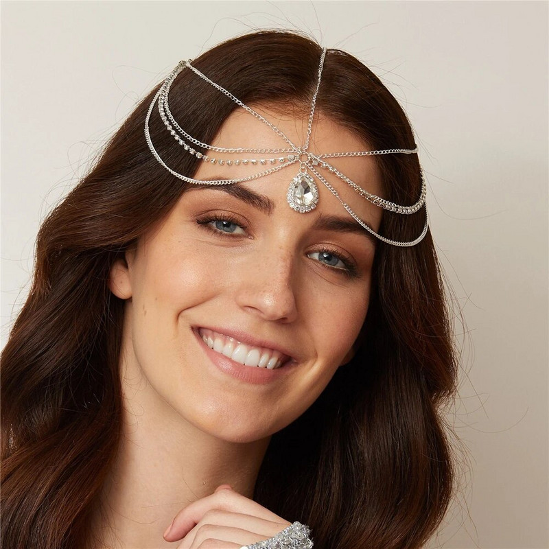 Madingi daugiasluoksniai Kalnų krištolinio akmens Frtassel galvos grandinėlė nuotakos vestuvės Ultra Flash Crystal pakabukas kaktos grandinėlės papuošalų priedai