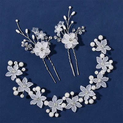 Sudraba matu stīpas matu sprādzes komplekts ziedu pērļu matu lentes Princeses kāzu matu aksesuāri Luksusa akrila tiāras laulības rotaslietas