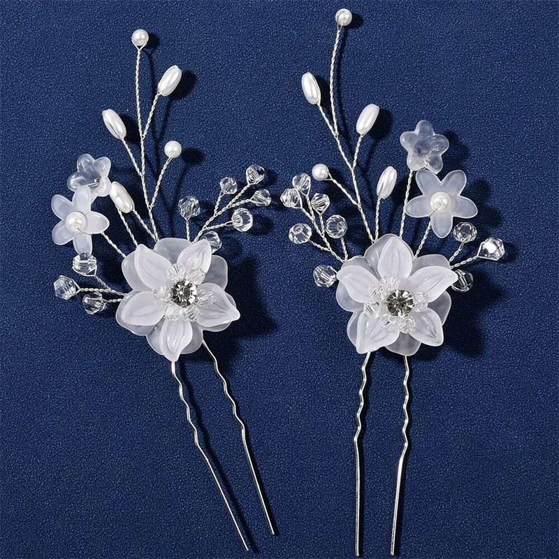 Sudraba matu stīpas matu sprādzes komplekts ziedu pērļu matu lentes Princeses kāzu matu aksesuāri Luksusa akrila tiāras laulības rotaslietas