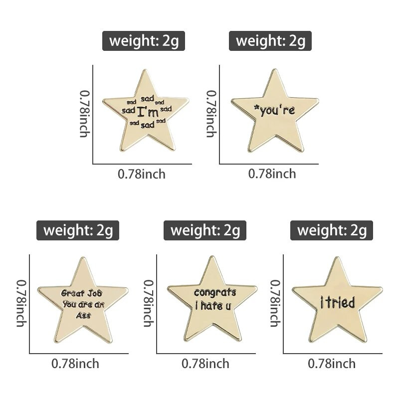 Išbandžiau Sveikinu Nekenčiu tavęs Emalio smeigtukai Aukso spalvos penkiakampė žvaigždė Sagės Atvartas Ženkliukai Juokingi Citatos Papuošalai Dovana vaikui
