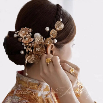 Булчински ленти за глава Диадеми за жени Златни перлени цветя Ленти за коса Годежен бал Сватбени аксесоари за коса Noiva Jewelry