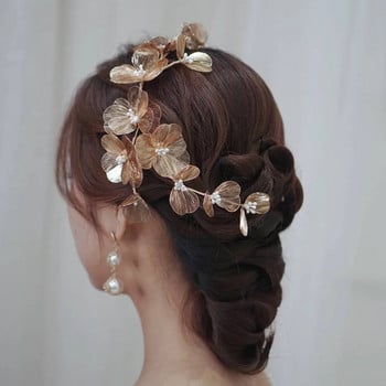 Булчински ленти за глава Диадеми за жени Златни перлени цветя Ленти за коса Годежен бал Сватбени аксесоари за коса Noiva Jewelry