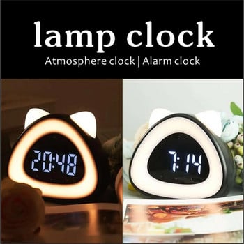 Алармен петел LED цифров часовник Нощно шкафче Часовник Лампа за събуждане Бюро с форма на котка Звуково контролиран електронен часовник с термометър