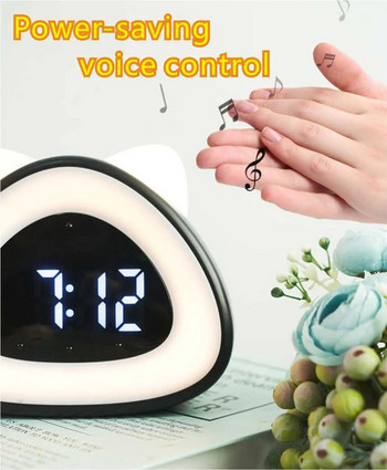 Алармен петел LED цифров часовник Нощно шкафче Часовник Лампа за събуждане Бюро с форма на котка Звуково контролиран електронен часовник с термометър