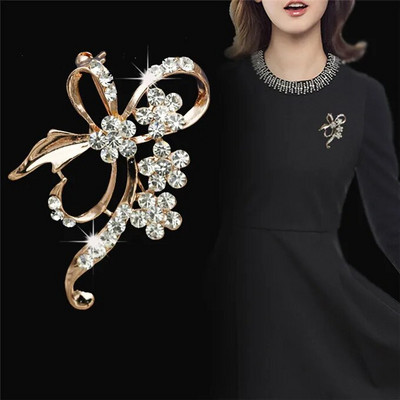 Vibu pross Rhinestone lilledega prossid naistele suur vibusõlme prossinõel Lihtne mood ehe Pulmanõel Korsaali aksessuaarid