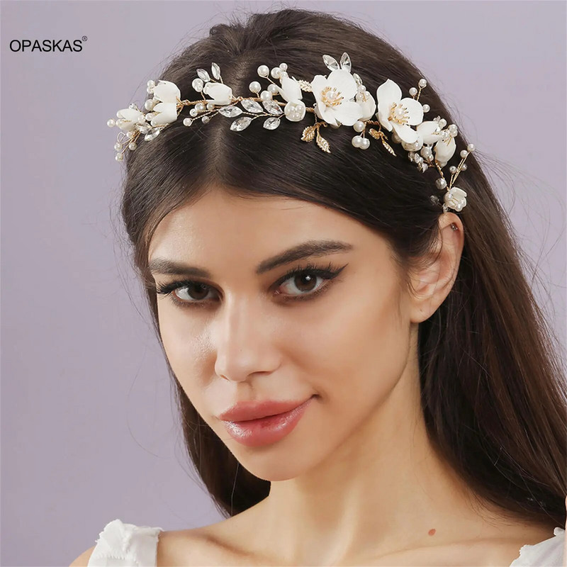 Gėlių plaukų juosta Pearl Tiaras Vestuviniai plaukų aksesuarai Auksiniai plaukų lankeliai Vestuvių galvos juostos banketai Noiva plaukų papuošalai