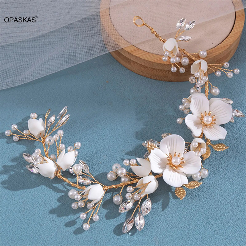 Gėlių plaukų juosta Pearl Tiaras Vestuviniai plaukų aksesuarai Auksiniai plaukų lankeliai Vestuvių galvos juostos banketai Noiva plaukų papuošalai