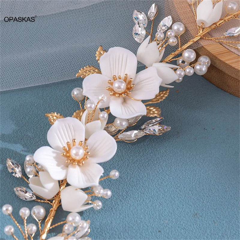 Gėlių plaukų juosta Pearl Tiaras Vestuviniai plaukų aksesuarai Auksiniai plaukų lankeliai Vestuvių galvos juostos banketai Noiva plaukų papuošalai
