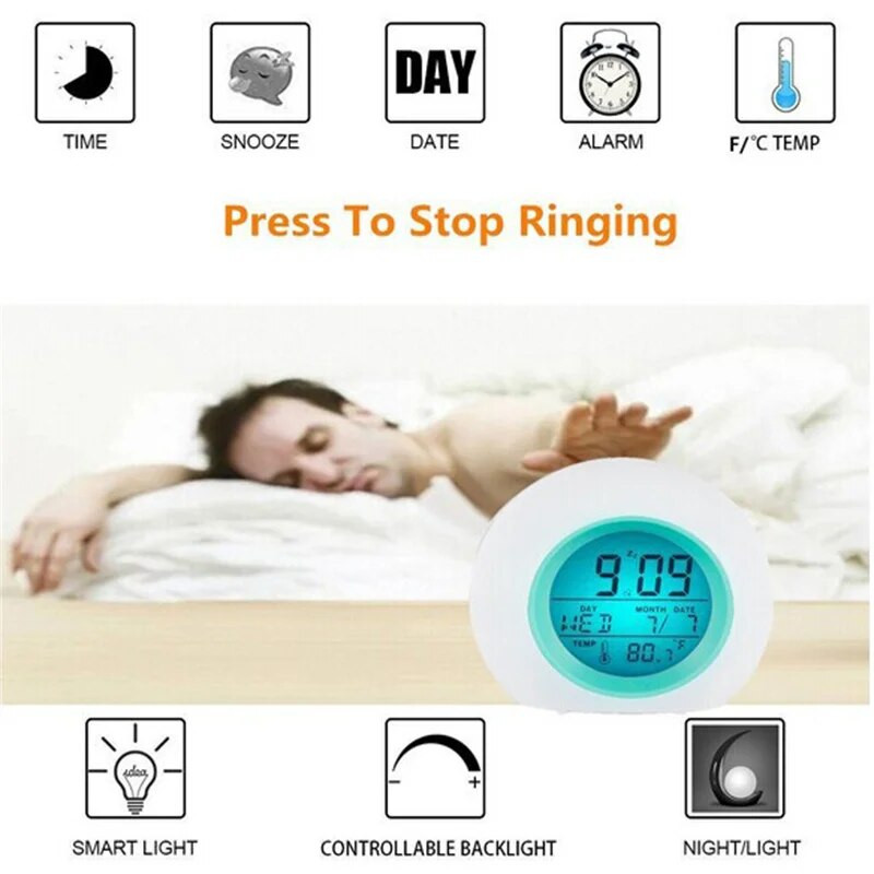 Laste digitaalsed äratuskellad, 7 värvi LED-muutus, öövalgus, sfääriline puutetundlik juhtseade Äratus elektrooniline kell Lastekell Kingitused