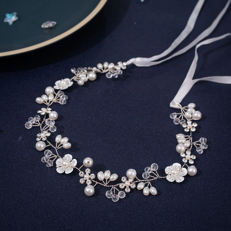 Traka za kosu za vjenčanje Biserni nakit za kosu Ručno izrađene perle od cvijeća Trake za glavu s vrpcom Elegantne svadbene tijare Nakit za glavu Darovi za vjenčanje