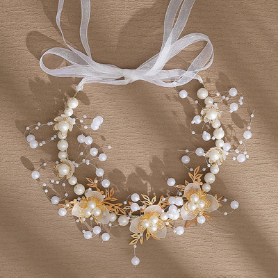 Ziedu matu lente Pērļu mežģīnes Tiaras Skaistumkopšanas Meiteņu Kāzu Aksesuāri Vintage laulības galvas saite ar lenti Kāzu matu rotaslietas