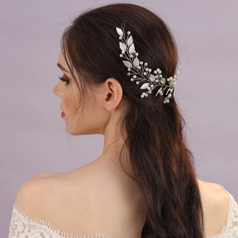 Μαλακή αλυσίδα Αξεσουάρ για τα μαλλιά γάμου Αξεσουάρ για τα μαλλιά Ασημί χρώμα Φύλλο κορδέλες μόδας μαργαριτάρι Τιάρες Απλή αρραβωνιαστική κοσμήματα μαλλιών