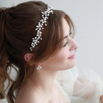 Перлени ленти за коса на булката Сватбени диадеми за жени Лента за глава с мъниста от кристали Обръч за коса Модна корона на принцеса Бижута