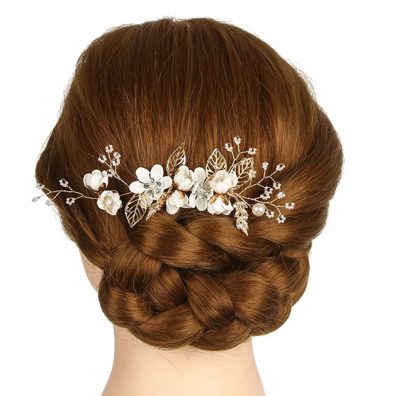 Baltos gėlės Plaukų šukos Galvos apdangalo imitacija Perlai Prom Vestuviniai Plaukų Priedai Aukso Lapai Plaukai Papuošalai Plaukų segtukai