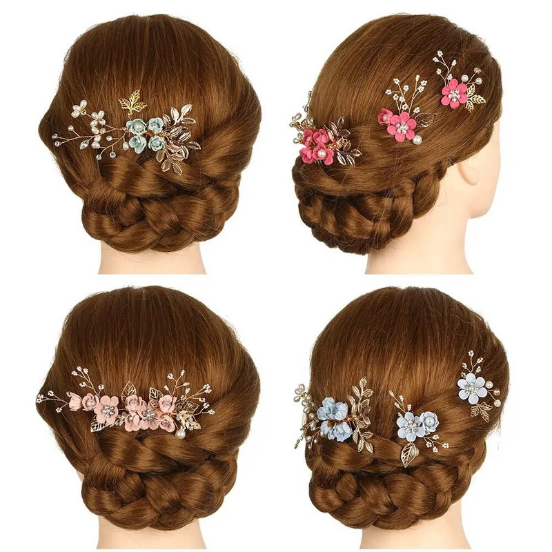 Mood Luksuslikud Sinised Lilled Juuksekammid Peakate Ball Pruudi pulm Juukseaksessuaarid Kuldlehed Juukseehted Juuksenõelad