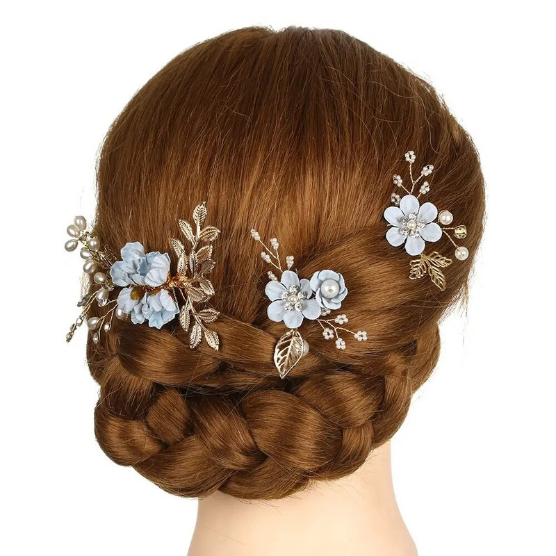 Mood Luksuslikud Sinised Lilled Juuksekammid Peakate Ball Pruudi pulm Juukseaksessuaarid Kuldlehed Juukseehted Juuksenõelad