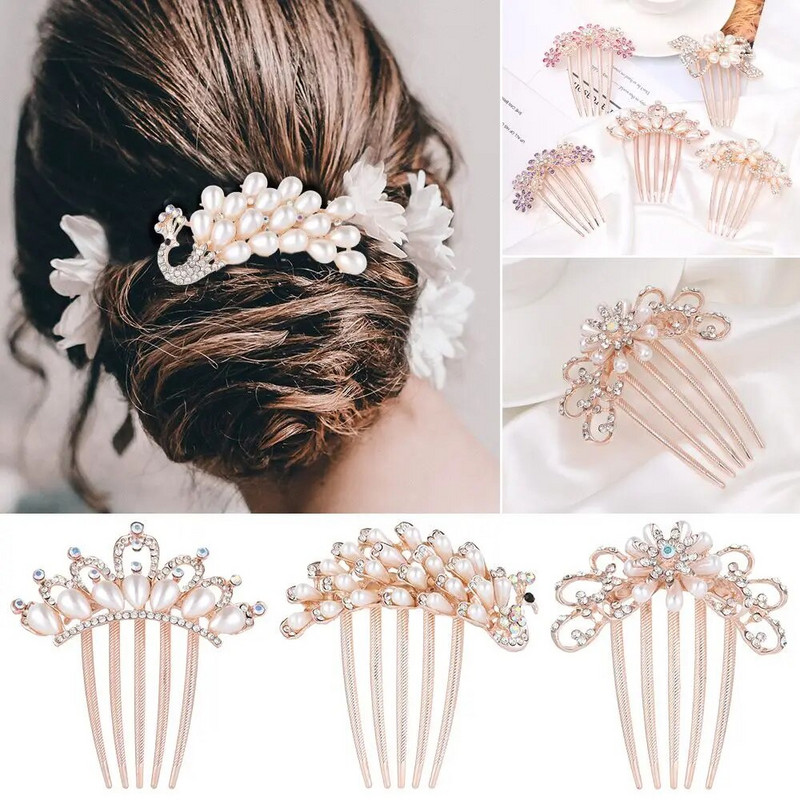 1 tk Elegantne läikiv kivist juuksekamm Lilleleht Pruudi kristallist juuksekaunistused Pärlitest tiaara Ehted Pulmajuuste aksessuaarid