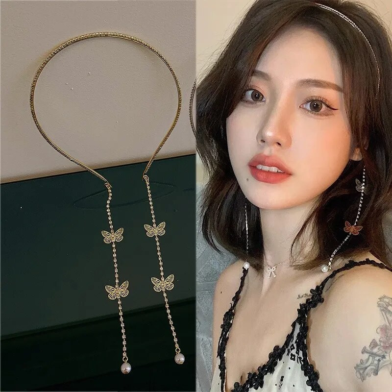 Pērļu tauriņu pušķu galvas saite sievietēm Kristāla Rhinestone roku darbs kāzu galvassegas Sieviešu matu aksesuāri Tiāra