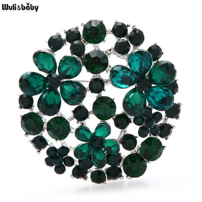 Wuli&baby Kalnų krištolas apvalios gėlių sagės moterims Žalia violetinė gėlių vakarėlis biuro sagės smeigtuko dovanos