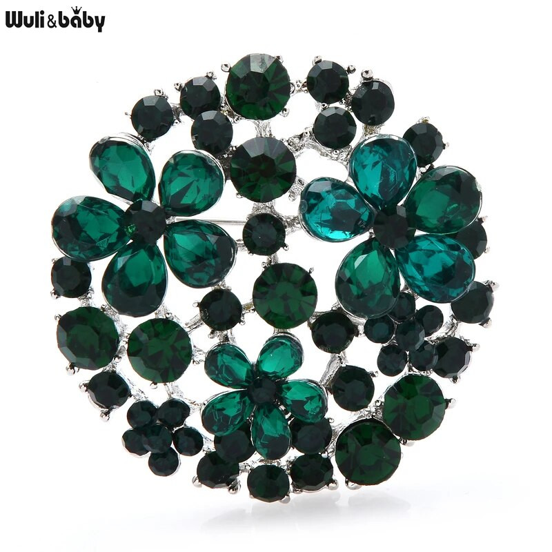 Wuli&baby Kalnų krištolas apvalios gėlių sagės moterims Žalia violetinė gėlių vakarėlis biuro sagės smeigtuko dovanos