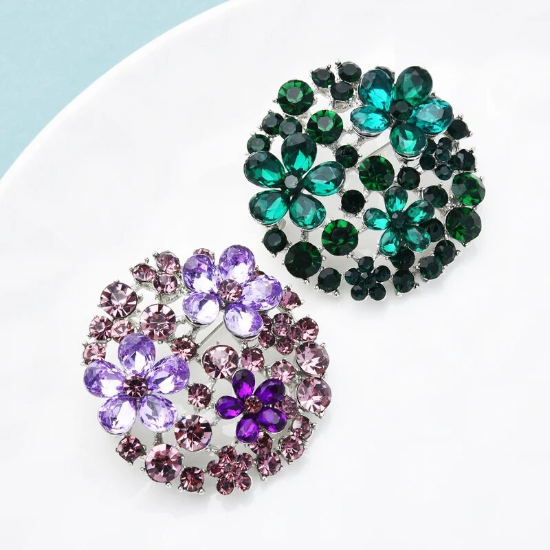 Wuli&baby Kalnų krištolas apvalios gėlių sagės moterims Žalia violetinė gėlių vakarėlis biuro sagės smeigtuko dovanos